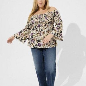 Torrid Blouse Top 3X Womans Plus Beige Floral Smocked Long Cold Shoulder Rayon